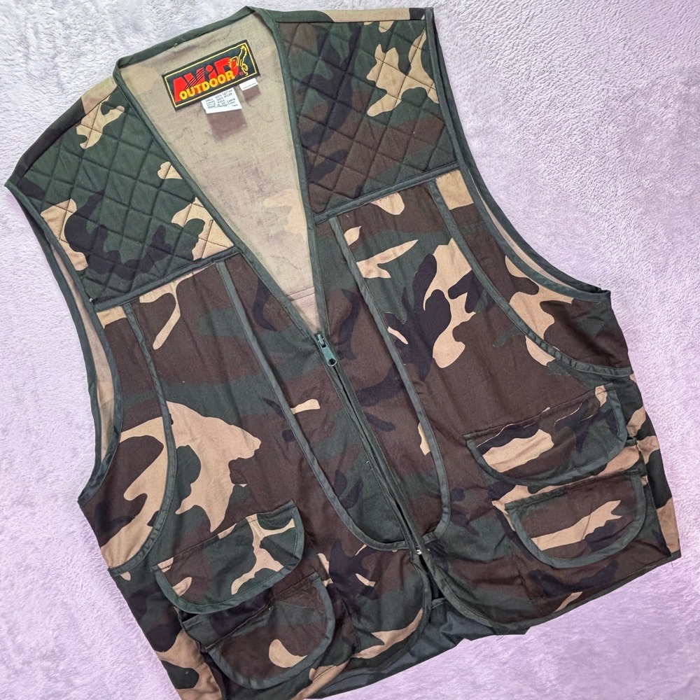 Vtg Avid Outdoor Mens Vest Sz XL Camo Hunting Utility Multi Pocket Game Bag 4303